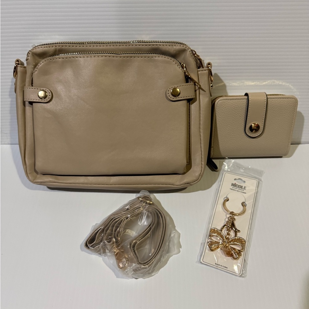 NWT Vegan Cream Handbag with FREE Crossbody Strap, Decorative Charm and Wallet